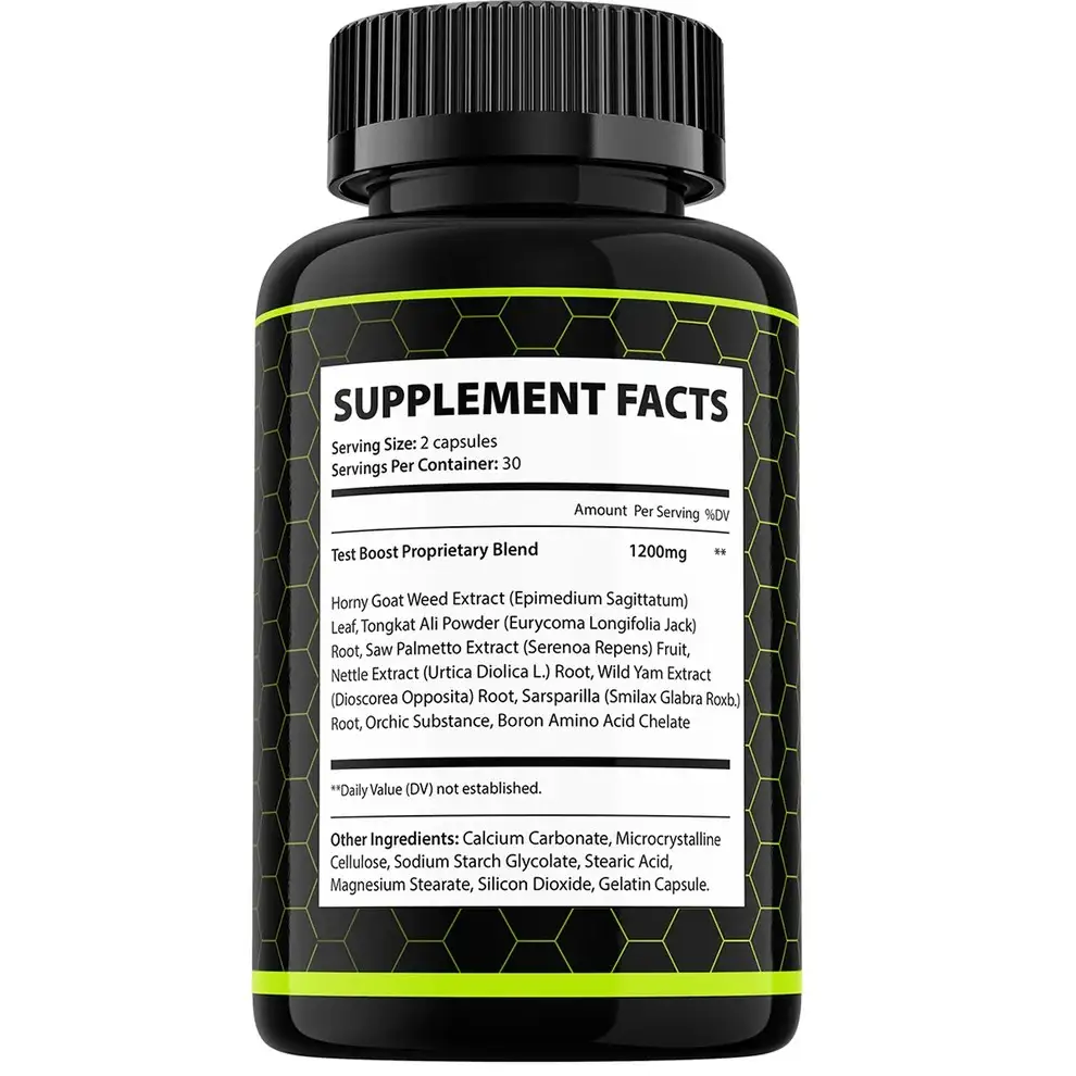 ErecPrime supplement facts label — Test Boost Proprietary Blend 1200mg: Horny Goat Weed Extract Epimedium Sagittatum, Tongkat Ali Eurycoma Longifolia, Saw Palmetto Serenoa Repens, Nettle Extract Urtica Diolica, Wild Yam Dioscorea Opposita, Sarsparilla Smilax Glabra, Orchic Substance, Boron Amino Acid Chelate