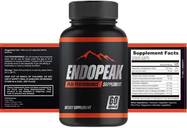 EndoPeak supplement facts label — Magnesium Oxide 500mg Zinc Oxide 20mg Tribulus Terrestris 500mg Chrysin 50mg Epimedium Tongkat Ali Saw Palmetto Chinese Hawthorn Winged Trefoil 33.3mg each
