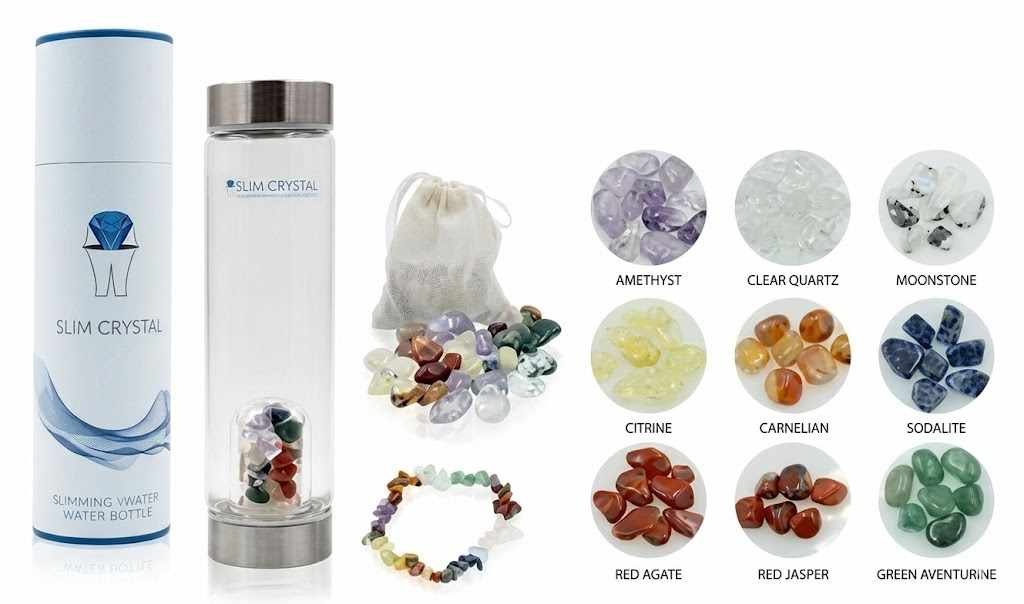 SlimCrystal bottle with all 9 crystals displayed — Amethyst, Clear Quartz, Moonstone, Citrine, Carnelian, Sodalite, Red Agate, Red Jasper, Green Aventurine