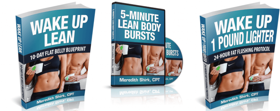 Wake Up Lean program by Meredith Shirk — three digital components including Wake Up Lean 10-Day Blueprint, 5-Minute Lean Body Bursts, and Wake Up 1 Pound Lighter