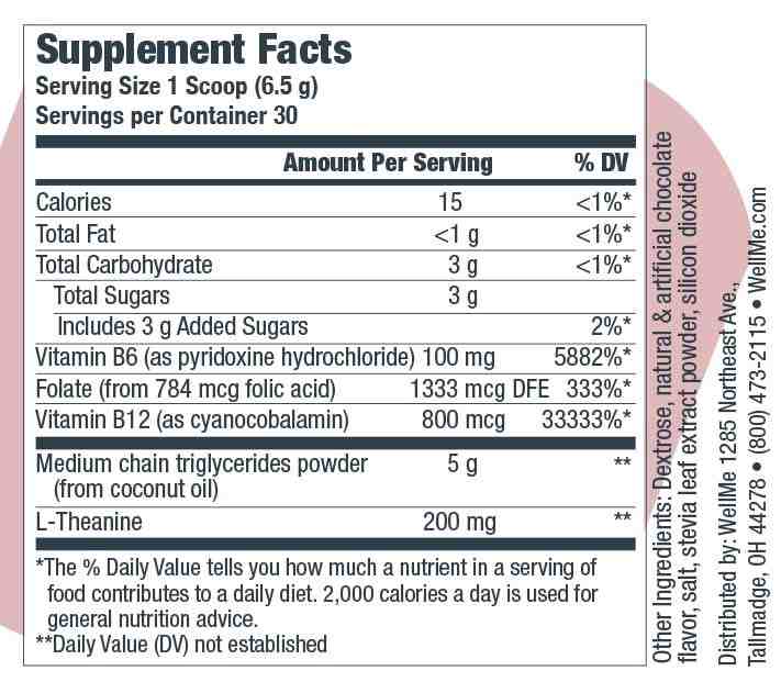 BioVanish supplement facts label — Vitamin B6 100mg 5882% DV, Folate 1333mcg DFE 333% DV, Vitamin B12 800mcg 33333% DV, MCT powder 5g, L-Theanine 200mg