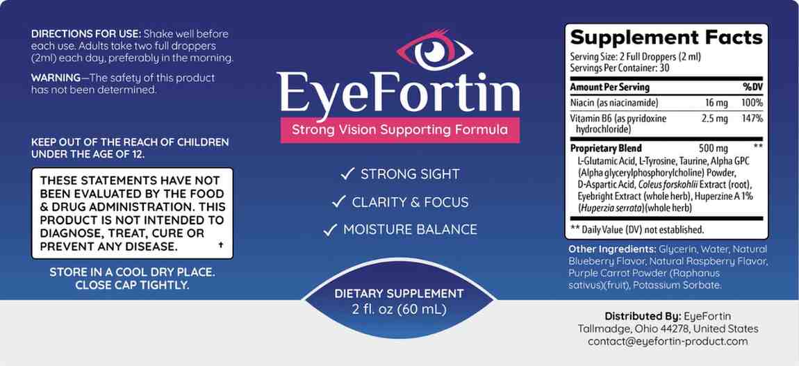 EyeFortin Supplement Facts panel — Niacin 16mg 100% DV, Vitamin B6 2.5mg 147% DV, 500mg proprietary blend including Huperzine A, Eyebright, Alpha GPC, Coleus Forskohlii