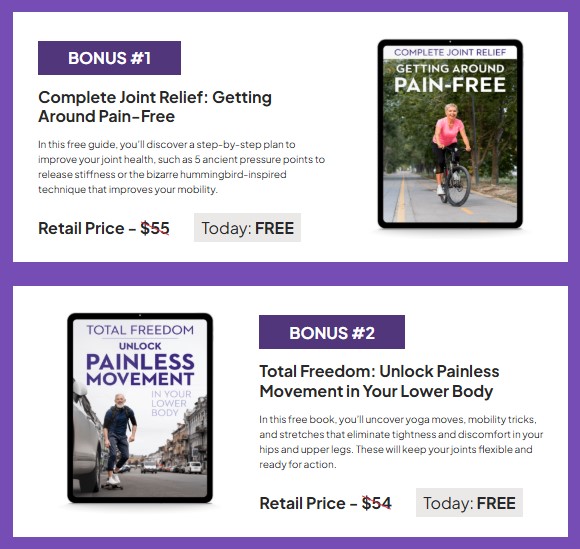 Flush Factor Plus free bonus eBooks — Bonus 1: Complete Joint Relief Getting Around Pain-Free (RRP $55) and Bonus 2: Total Freedom Unlock Painless Movement in Your Lower Body (RRP $54) — free with 3 and 6 bottle orders