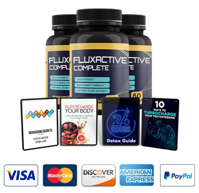Fluxactive Complete 3-bottle package with 4 free digital bonuses — Biohacking Secrets, Supercharge Your Body, 24 Hours Detox Guide, 10 Ways to Turbocharge Your Testosterone