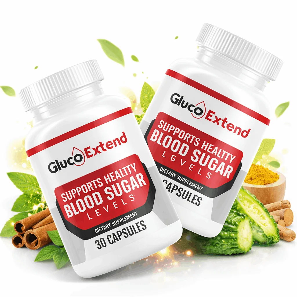 Gluco Extend bottles with natural ingredients — cinnamon, turmeric, bitter melon visible in background