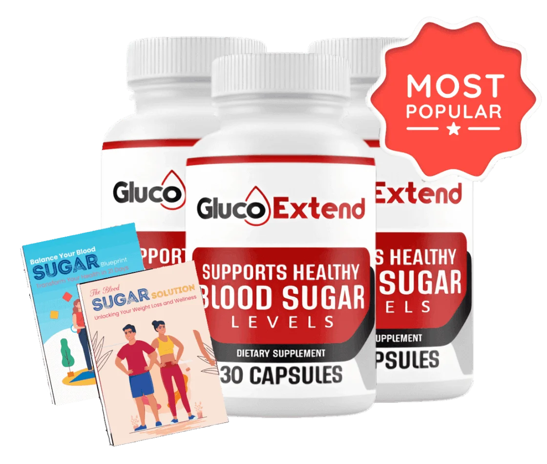 Gluco Extend blood sugar support supplement — 30 capsules bottles with Balance Your Blood Sugar Blueprint and Blood Sugar Solution bonus books