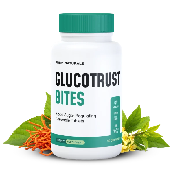 GlucoTrust Bites Blood Sugar Regulating Chewable Tablets by Adem Naturals 30 chewables white bottle with teal cap vegan soy-free gluten-free non-GMO