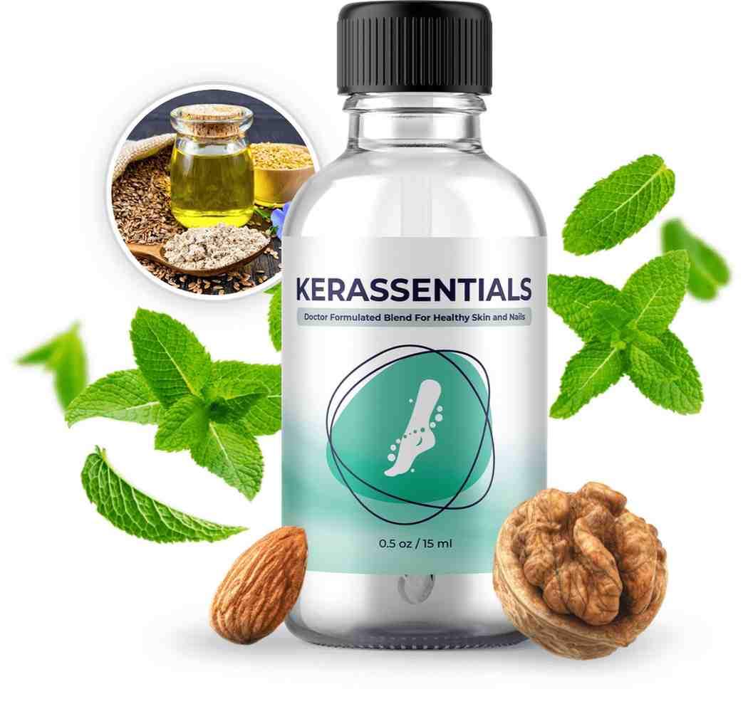 Kerassentials nail and skin oil formula — Doctor Formulated Blend For Healthy Skin and Nails — 0.5 oz 15ml bottle with mint leaves and natural ingredients