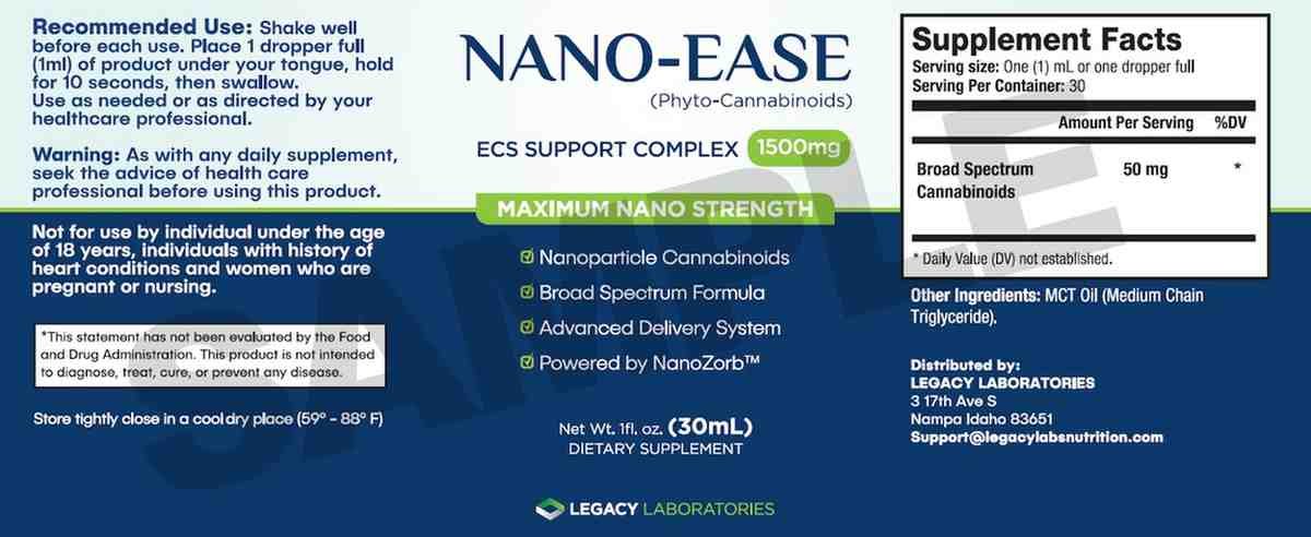 Nano-Ease Supplement Facts label — 50mg Broad Spectrum Cannabinoids per 1ml serving, MCT oil, NanoZorb technology, distributed by Legacy Laboratories Nampa Idaho