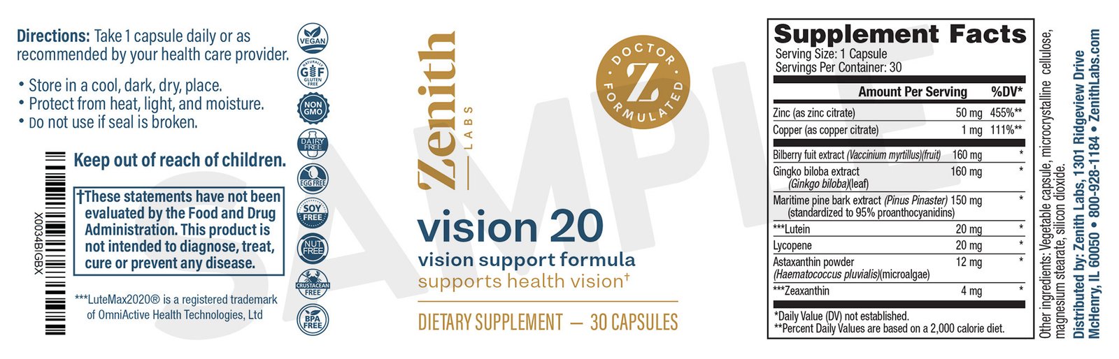 Vision 20 Zenith Labs official supplement facts label — full ingredient doses zinc copper bilberry ginkgo pine bark lutein lycopene astaxanthin zeaxanthin