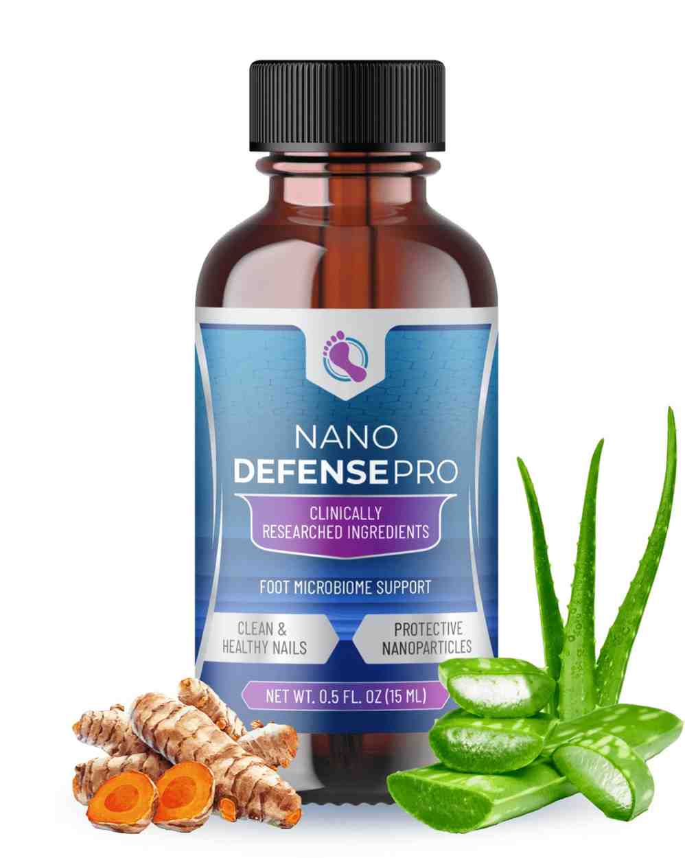 NanoDefense Pro 0.5 fl oz 15ml amber dropper bottle — nano-silver nano-curcumin quercetin luteolin deoxyribonuclease cape aloe nanotechnology serum for nail fungus and foot skin health