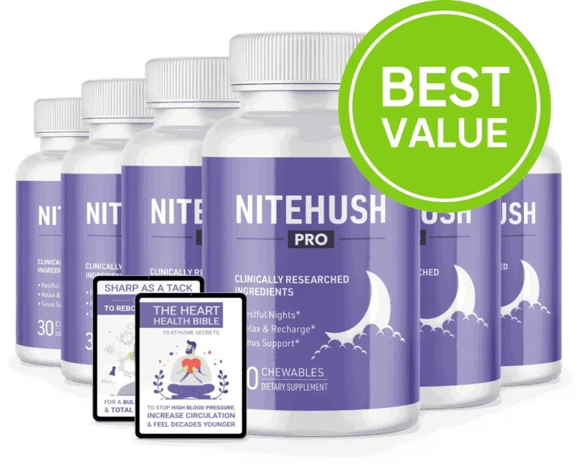 NiteHush Pro 6-bottle best value package with two free bonus e-books — Heart Health Bible and Sharp As A Tack