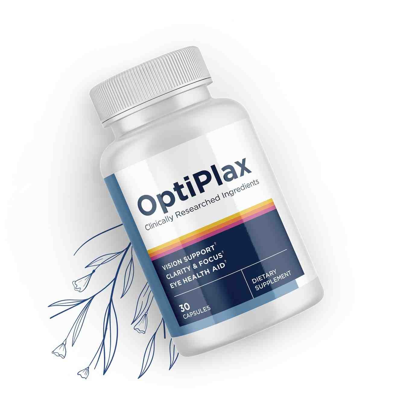OptiPlax Clinically Researched Ingredients Vision Support Clarity and Focus Eye Health Aid 30 capsules dietary supplement white bottle with blue and gold label