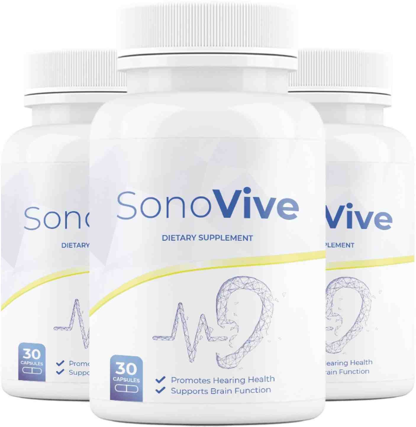 SonoVive 3-bottle hearing health and brain function dietary supplement — Promotes Hearing Health, Supports Brain Function — 30 capsules