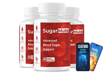 SugarMute Advanced Blood Sugar Support supplement 3 bottle pack by SugarMute Research — 60 capsules per bottle dietary supplement with Clear Mind Sharp Memory and Hello Radiant Energy bonus books