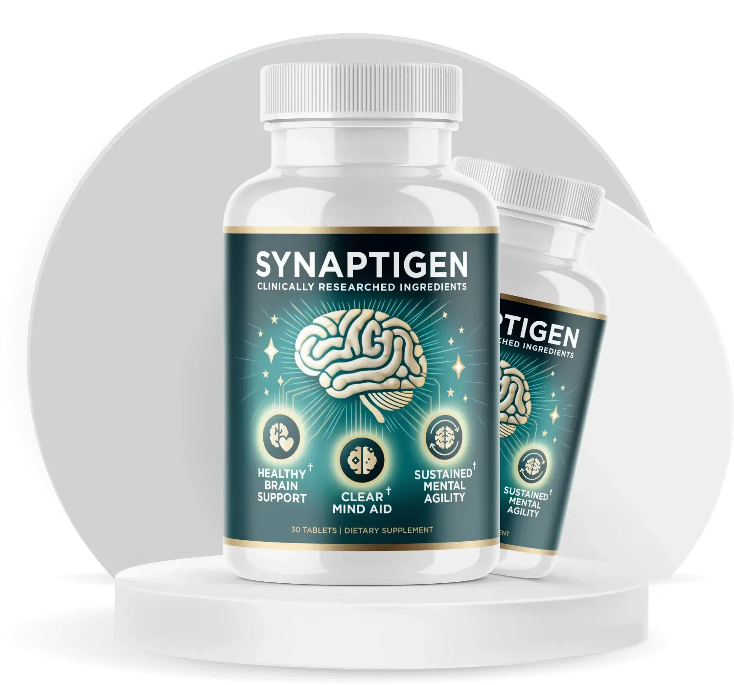 Synaptigen Clinically Researched Ingredients Healthy Brain Support Clear Mind Aid Sustained Mental Agility 30 tablets dietary supplement white bottle with dark teal and gold brain label