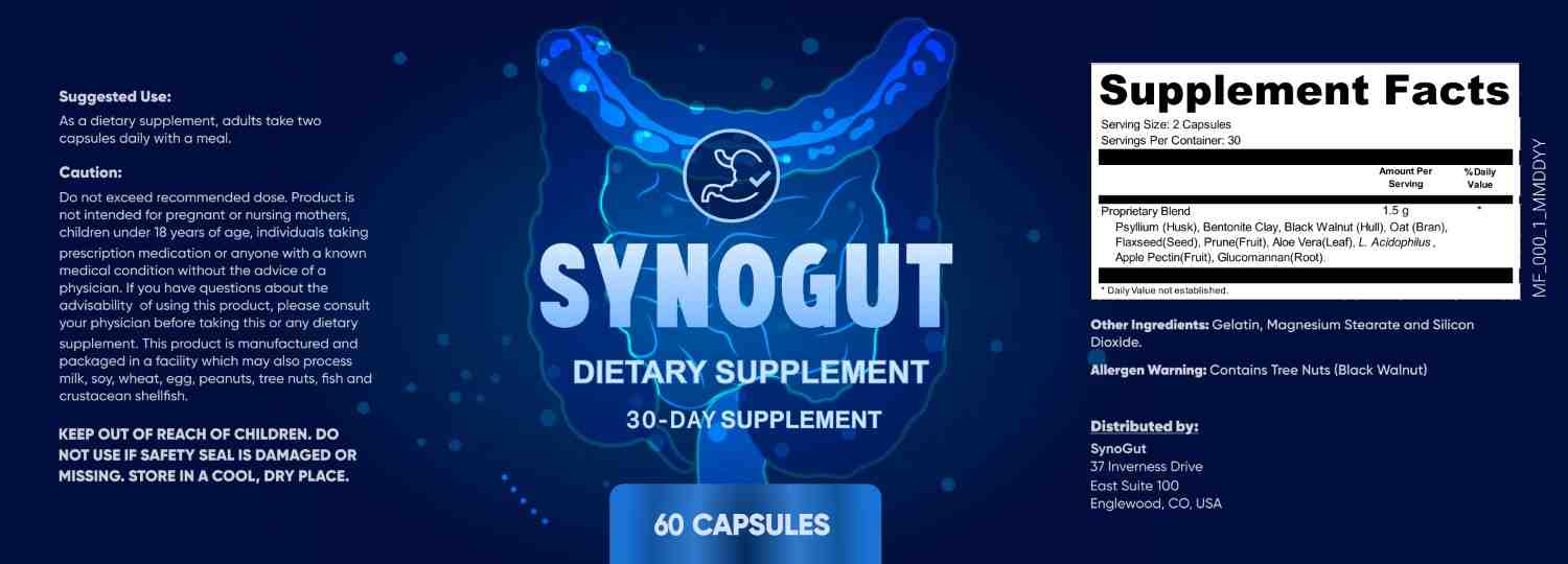 SynoGut official supplement facts label — proprietary blend 1.5g psyllium husk bentonite clay black walnut oat bran flaxseed prune aloe vera L. Acidophilus apple pectin glucomannan