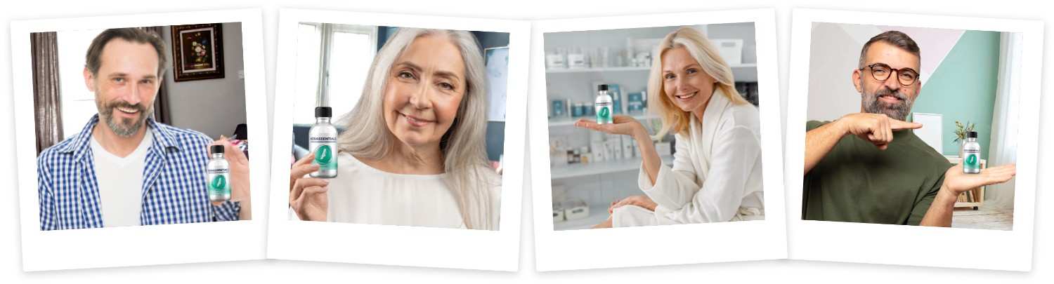 Kerassentials real customer testimonials — four verified users holding Kerassentials bottles