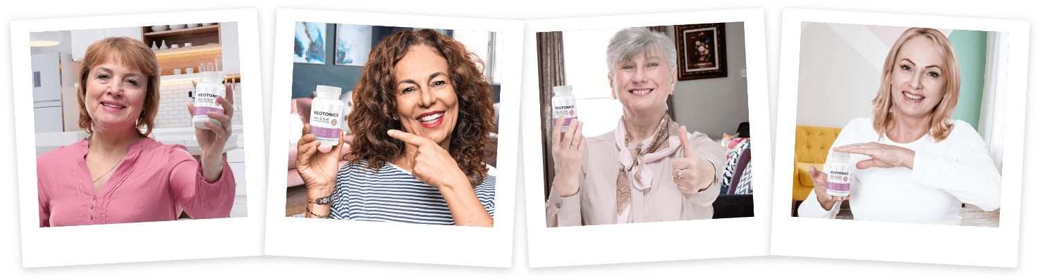 Neotonics real user testimonials — four verified customers holding Neotonics bottles showing their skin and gut health results from the probiotic gummy supplement