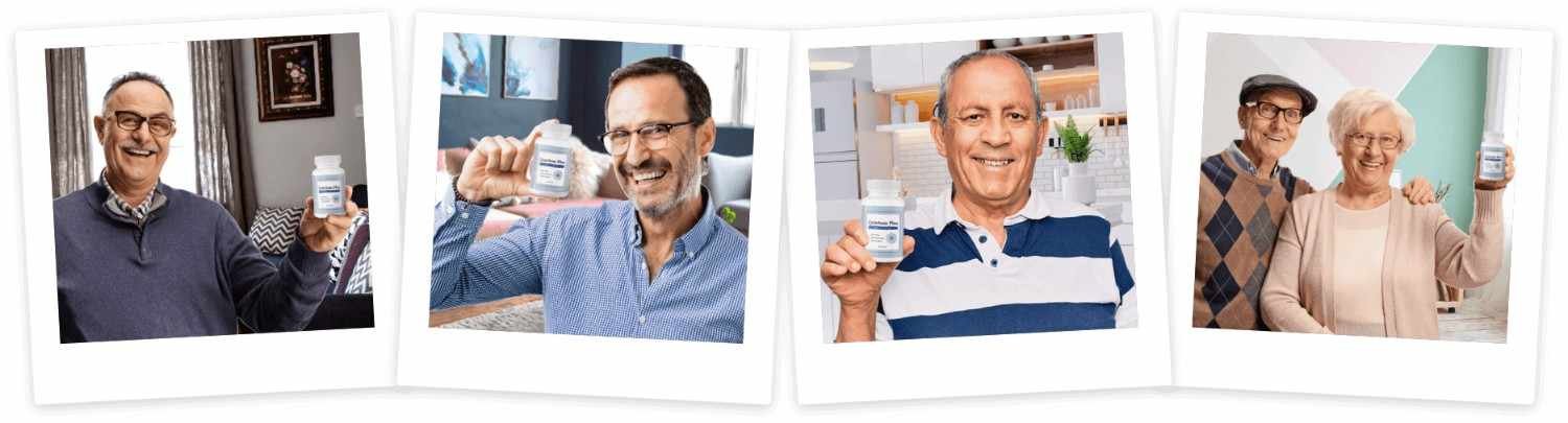 Quietum Plus satisfied customer testimonials — adults holding Quietum Plus bottles reporting improved tinnitus and hearing clarity