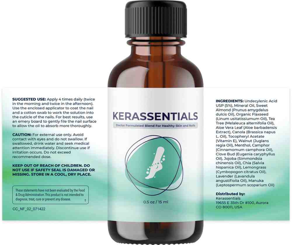 Kerassentials complete ingredient label — Undecylenic Acid USP 5%, Tea Tree Oil, Manuka Oil, Clove Bud Oil, Lemongrass Oil, Lavender Oil, and 12 additional ingredients — distributed by Kerassentials Aurora CO 80011 USA
