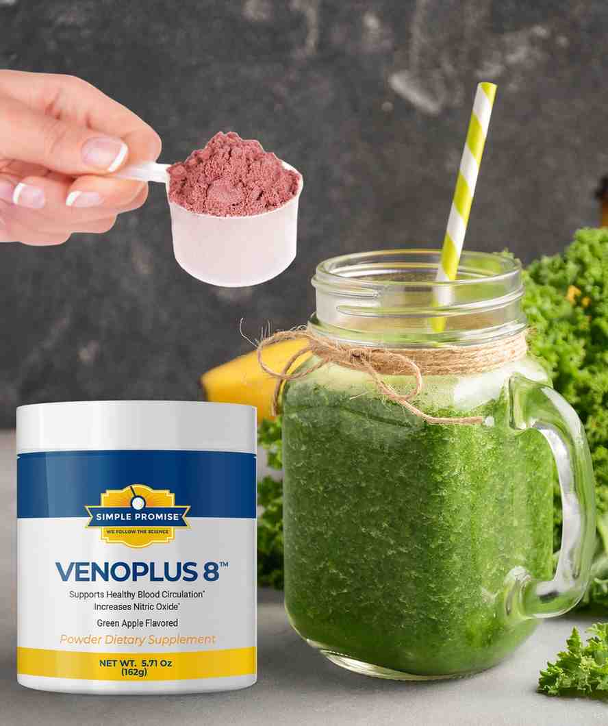 VenoPlus 8 powder being scooped — mix one scoop into water daily with a meal for cardiovascular nitric oxide and heart health support