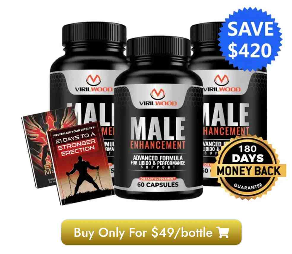 Virilwood 3-bottle package with 180-day money back guarantee — Save $420 — $49 per bottle with two free bonus books