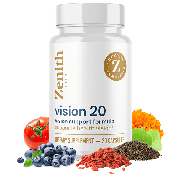 Vision 20 by Zenith Labs — 30 capsules eye support formula with LuteMax2020 lutein zeaxanthin astaxanthin bilberry ginkgo maritime pine bark for near far and low-light vision