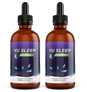 Yu Sleep two amber dropper bottles nano-enhanced liquid sleep supplement with purple label moon stars design 2 fl oz 60ml