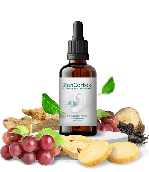 ZenCortex hearing support liquid formula — dropper bottle with grape seed, green tea and natural ingredients