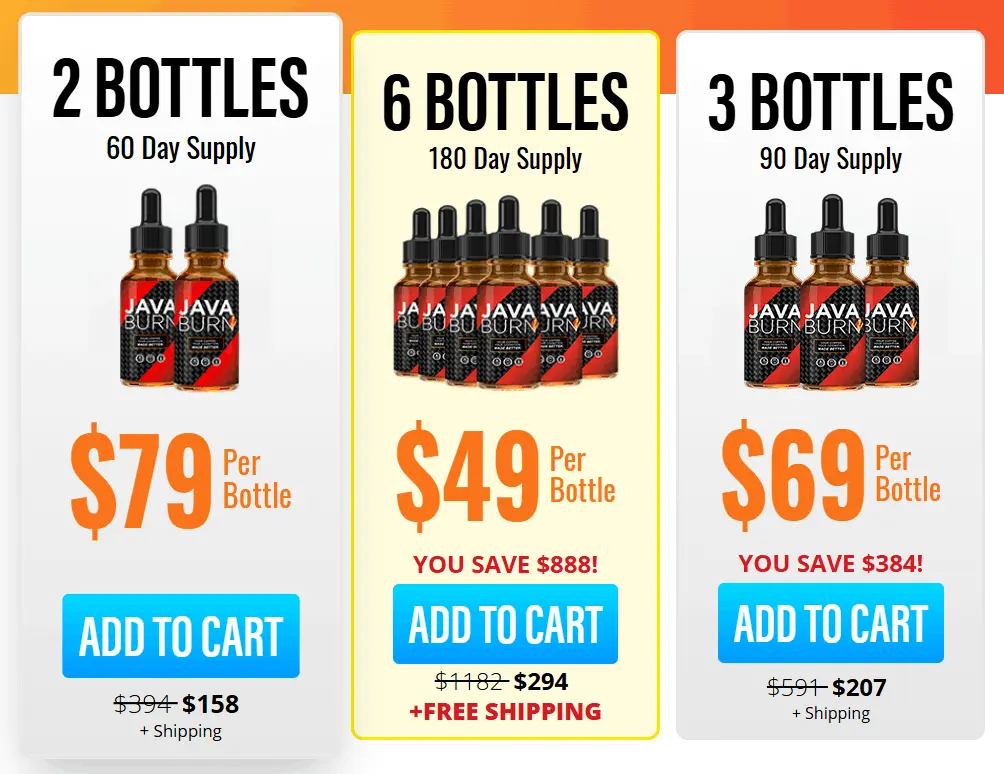 Java Burn pricing — 1 pouch $69, 3 pouches $39 each, 6 pouches $34 each